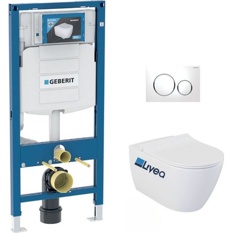 Pack Bati-support Geberit UP320 + WC sans bride Livea Bello + Abattant softclose + Plaque blanc chrome (GebBello-C)