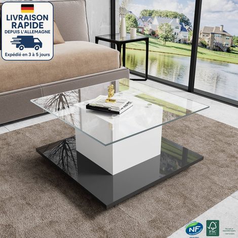 Table basse fixe 80x80x40, plateau en verre, sur roulettes, amovible, aggloméré, noir et blanc (1/5)