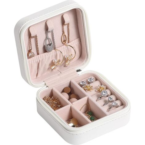 Boîte à bijoux de voyage, petite boîte à bijoux, boîte de rangement de voyage portable pour bagues, boucles d'oreilles, colliers, bracelets, cadeaux pour dames et filles, blanc (1/2)