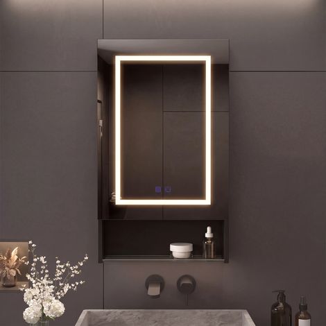 Miroir de Salle de Bain 50x88x16cm, Armoire murale de salle de bain avec miroir et éclairage LED, Température de Couleur Réglable, Contrôle Tactile, Anti-buée, Armoire de Toilette Miroir avec 3 étagèr