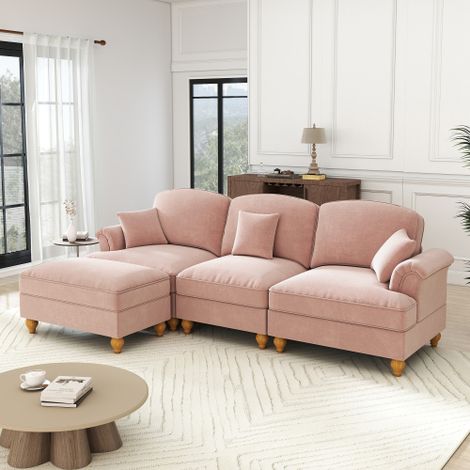 Modulares Mid-Century L-förmiges 3-Sitzer Sofa aus Chenille mit Trichter-Armlehnen, abnehmbarer Rüschenschürze, spindelförmigen Beinen & beweglichem Hocker – Tiefer Sitzkomfort fürs Wohnzimmer,rosa 
W