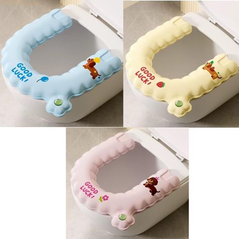 Funda impermeable de EVA para asiento de inodoro con asa, diseño de perro de dibujos animados, reutilizable y lavable, adhesiva (3 colores) (6 piezas) (1/5)