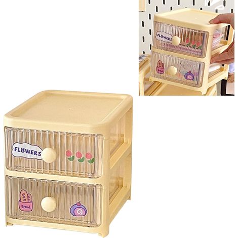 Boîte de rangement de bureau à 2 tiroirs pour fournitures scolaires et cosmétiques, en plastique, avec de jolis autocollants jaunes. (1/5)