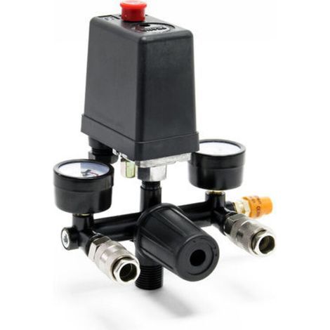 Régulateur de pression 165 x 130 x 200 mm avec pressostat pour compresseur, 2 affichages, 2 raccords et soupape de sécurité, réducteur de pression (1/4)