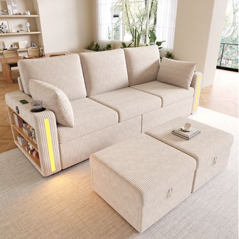 Sofá modular en U o L (190x130x85 cm), con 2 hockers con almacenaje, LED, USB y Type C, corduroy beige (1/5)