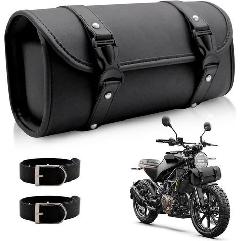 Schwarze Motorrad-Seitentasche aus PU-Leder – Wasserdichte und wetterfeste Tasche mit 2 verstellbaren Gurten, kompatibel mit Gabeln, Lenkern und Rahmen (Länge 29,5 cm), für Touring-, Custom- und Trail (1/5)