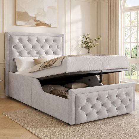 Cama abatible con almacenaje 90 x 200 cm de terciopelo gris con somier y cabecero OKMYHOME (1/5)