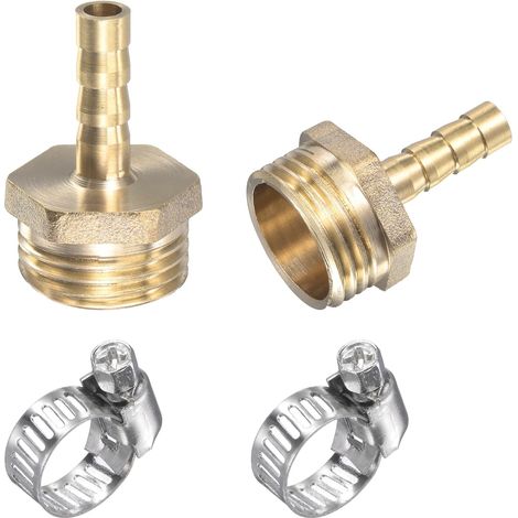 Straight Barbed Brass Hose Fitting 6mm x G1/2 Male Thread Pipe Connector with Stainless Steel Tube Clamp Pack of 2 (1/5)