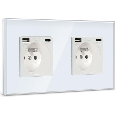 Double Prise Murale avec USB et 1 Type C,16A Prise de Courant Alternatif avec Panneau en Verre,Multiprise Murale Max 2.1A,Convient au Smartphone, à la Tablette (2 Prise avec USB et Type C,Blanc) (1/5)