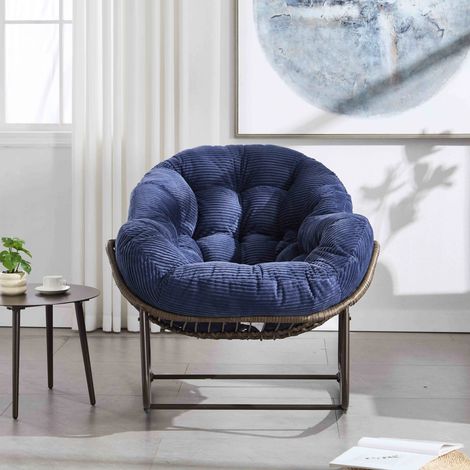 Fauteuil à bascule en rotin extérieur avec coussin épais, Bleu nuit – Pour terrasse, balcon, salon et jardin