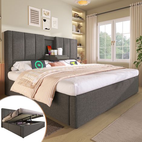 Lit double capitonné 140x190 cm avec porte-gobelet et station de recharge dissimulés, sommier hydraulique avec rangement sous le lit, cadre à lattes inclus, gris lin (sans matelas) (1/5)