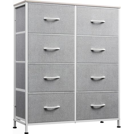 Commode Tiroirs, Tour Rangement Tissu pour Chambre, Couloir, Entrée, Placard, Unité Haute Bacs Tissu, Cadre Acier, Plateau Bois (Gris Clair) (1/5)