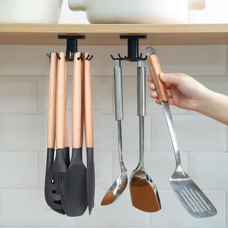 Set mit 2 um 360° drehbaren Küchenutensilienhaltern ohne Bohren – Aufbewahrungsregal mit 6 Haken für Küche, Bad und Kleiderschrank, schwarz (1/5)