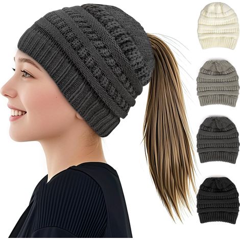 Wintermütze mit Pferdemotiv für Damen, Strickmütze für Zopf, Mütze für lockeren Dutt, warme Unisex-Mütze für Hochsteckfrisuren