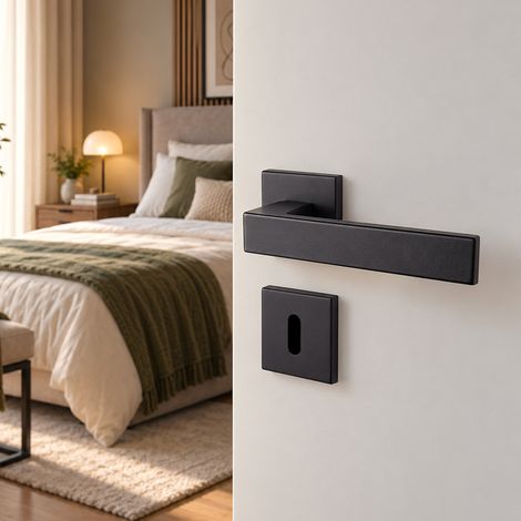 Ouvre&Déco – 2 poignées de porte LOFT entrée de clé porte chambre, Rosace carrée, Variostar, Métal noir mat, Contemporain Scandinave (1/5)