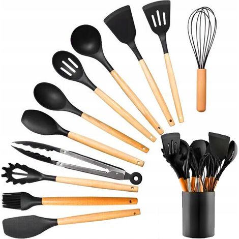 Utensilios de cocina de silicona. Juego de 12 piezas con mango de madera. (1/5)