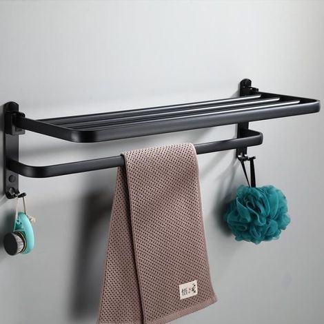 Black aluminum wall-mounted foldable towel rack for bathroom. (1/4)