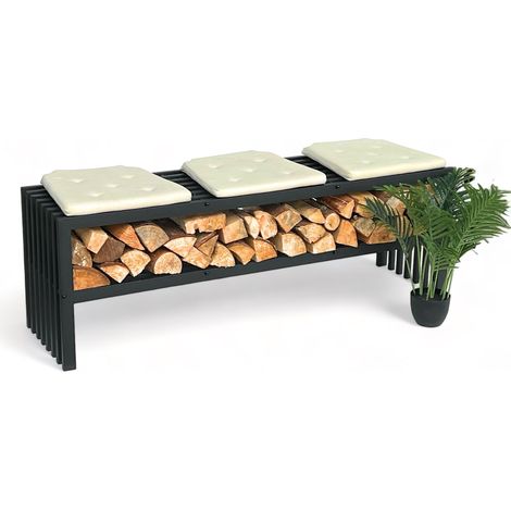 DanDiBo Kaminholzregal Innen mit Sitzbank Metall Schwarz Kaminholzständer mit Bank 96497 Brennholzregal 150 cm Kaminholzhalter (1/5)