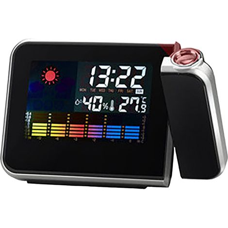 Reloj despertador electrónico con proyección LED, pantalla de 8190 colores, calendario perpetuo creativo, reloj meteorológico, color negro + cable USB. (1/5)