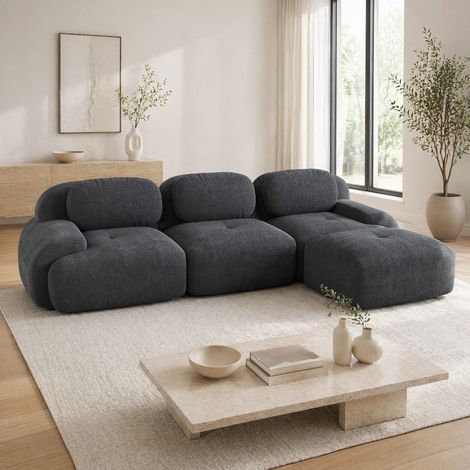 Divano angolare modulare in corduroy grigio, senza montaggio, design senza telaio con braccioli extra larghi (1/5)