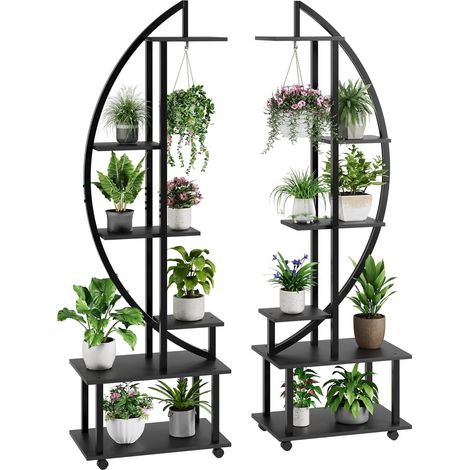 Lot de 2 supports de plantes d'intérieur à 6 étages en métal incurvé avec 2 crochets de suspension, 175cm,multi-usages pour intérieur, jardin, balcon, salon,noir (1/5)