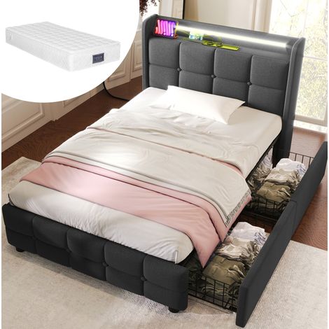 Lit simple capitonné moderne 90x200 cm gris, avec tête de lit USB/prises, LED, 2 tiroirs, sommier à lattes et matelas (1/5)