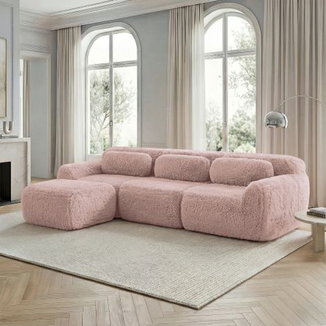 L-förmiges modulares Sofa, Plüschstoff, rahmenloses Tiefsofa, keine Montage, mit Kissen. Weich, hochelastischer Schaumstoff, rutschfester Boden, geeignet für Wohnzimmer, Schlafzimmer, Rosa
WL