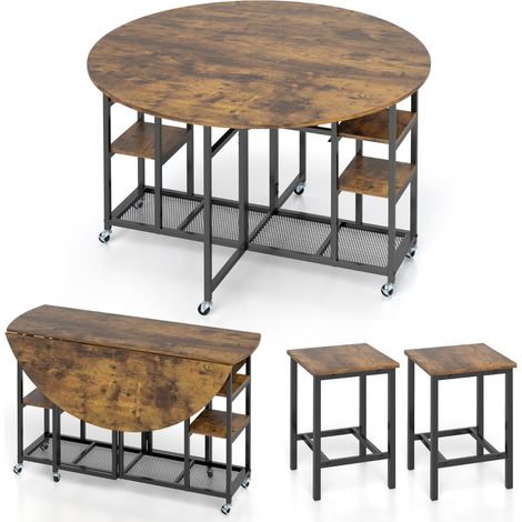 Tavolo da cucina rotondo con ampio piano e 2 sgabelli sala da pranzo, Set da pranzo pieghevole a 3 pezzi per soggiorno Marrone (1/3)