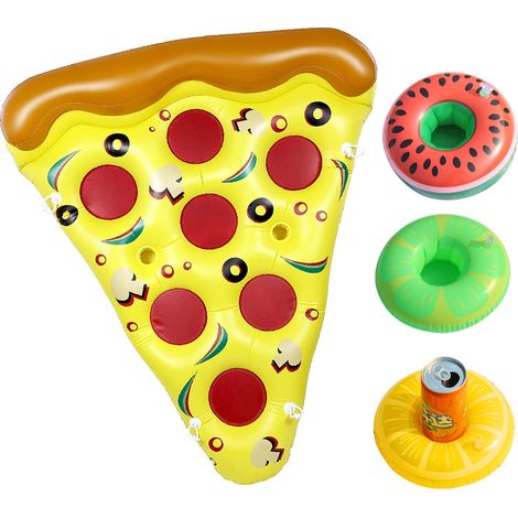 Ensemble de salon d'eau gonflable Pizza (180×150 cm, 4 pièces) – Grand lit flottant Pizza Point avec 3 porte-boissons en forme de fruit, pour les fêtes à la piscine et les divertissements d'été