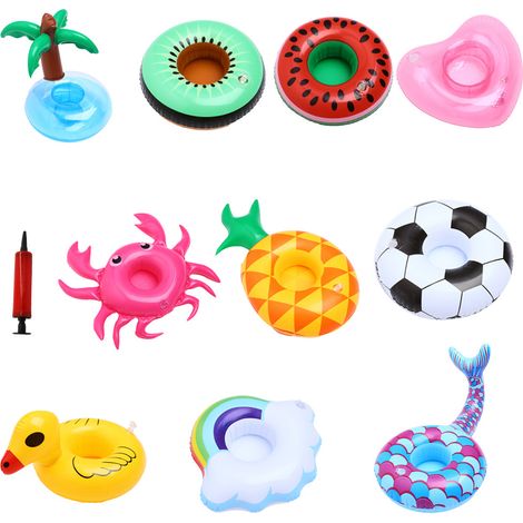 Lot de 10 porte-gobelets flottants gonflables avec différents motifs – motifs tropicaux, animaux et sportifs, avec pompe gonflable, pour piscine, plage et fêtes dans le jardin. (1/5)