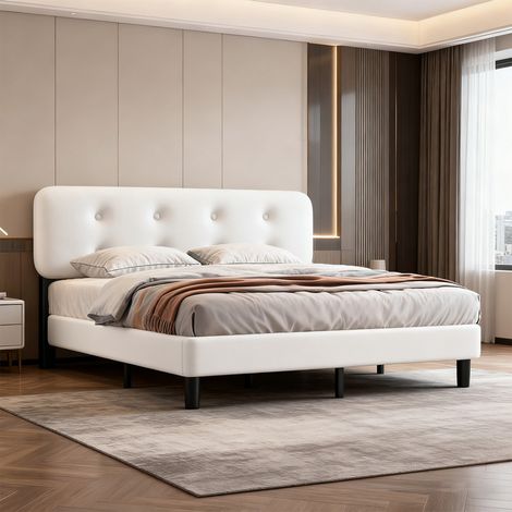 Lit 160x200 cm,châlit Cadre de lit rembourré,châlit Tête de lit réglable,tissu moutonné,blanc,pour Adultes et Adolescents (Sans matelas） (1/5)