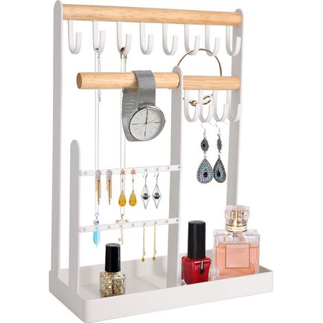 Porte-bijoux, plateau de présentation pour colliers, présentoir en bois et métal avec crochets pour bracelets, bagues et montres (blanc) (1/5)