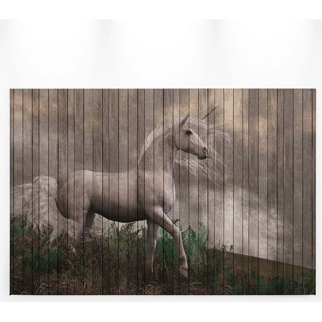 Tableau cheval sauvage pour chambre de fille | Tableau animaux sur fond effet bois gris | Tableau licorne pour chambre enfant - 0,9 x 0,6 m (1/5)
