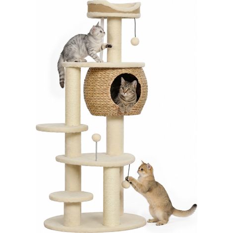 Arbre à chat - tour pour chat - PawHut - rotin design poteau griffoir sisal 4 niveaux niche quenouille panier jute - 132 cm - beige (1/5)