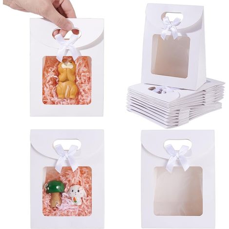24 bolsas de papel kraft con asa, bolsas de regalo con ventana, bolsas para envolver regalos para banquetes, galletas y dulces, blancas, 16 × 12 × 6,2 cm