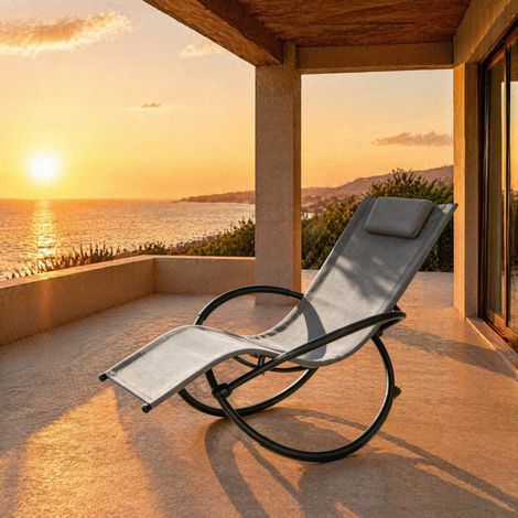 Tumbona mecedora, asiento de textilene, reposabrazos acolchados, cojín extraíble, metal gris (1/4)