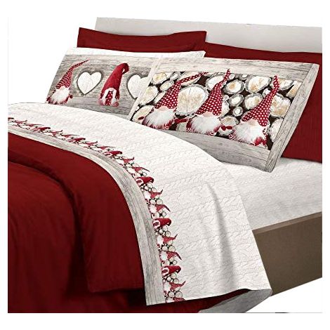 Completo letto Gnomi con stampa fotografica 100% cotone singolo matrimoniale 3 colori Rosso - Singolo