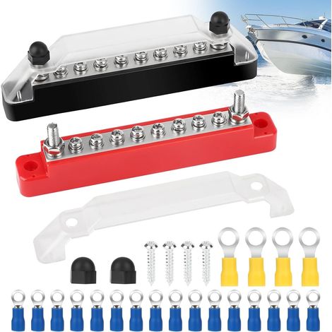 Paire de Borniers Barres de Bus 12V (Rouge et Noir) - Bloc de Distribution d'Alimentation avec Goujons M6 et Vis M4 pour Bateau et Camping-Car (1/5)