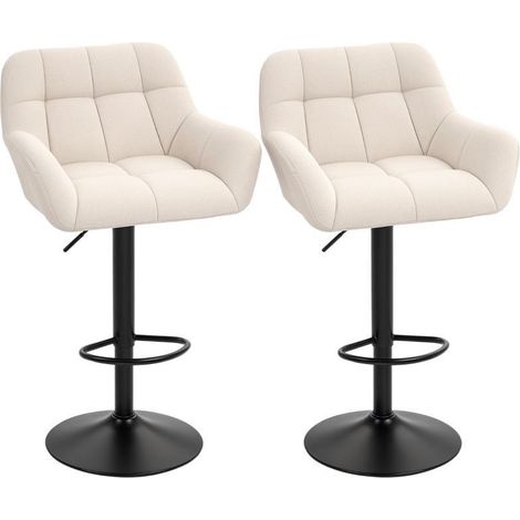 Pack de 2 taburetes de bar retro regulables en altura. Piel sintética efecto lino, bicolor crema y negro (1/5)