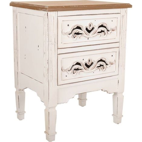 Table de chevet blanche esprit vintage avec deux tiroirs sculptés - blanc antique et bois naturel (1/5)