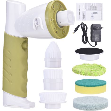 Brosse de nettoyage électrique à rotation, brosse de nettoyage sans fil pour la cuisine et la salle de bain avec 6 embouts,étanche IPX6, prise européenne verte (1/5)