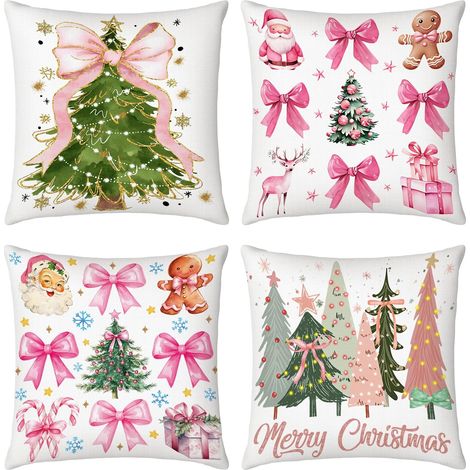 Juego de 4 fundas de cojín rosas con lazos, 45 x 45 cm, fundas de cojín estilo navideño, bonita decoración de pared en acuarela (1/5)