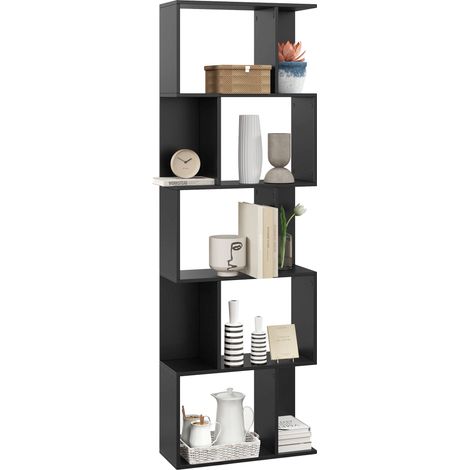 5-stöckiges unterteiltes Bücherregal aus Holz (S-Form, platzsparend, mit Fächern) 60 x 24 x 184,5 cm Schwarz