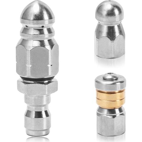 Kit de 3 buses de nettoyage de canalisations à jet d'eau, buses de nettoyage de canalisations en acier inoxydable 5000 PSI avec raccord rapide 1/4 pouce, modèles fixes à bouton rotatif pour nettoyeur