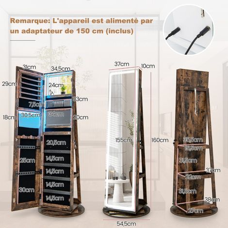 Armoire à bijoux avec miroir, armoire à bijoux miroir avec lumières LED réglables 54,5 x 54,5 x 160 cm - vintage (1/5)