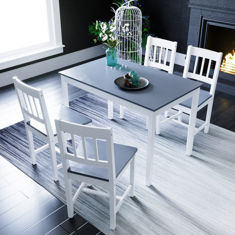 ELEGANT Kitchen Furniture Grey Wooden Dinning Table and 4 Chairs Nature Solid Pine Wood 5 Pieces Rectangular Kitchen Living Room Set (1/5)