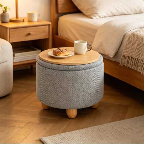 Pouf rond avec rangement et plateau en bois 39 x 33 cm gris clair OKWISH (1/5)