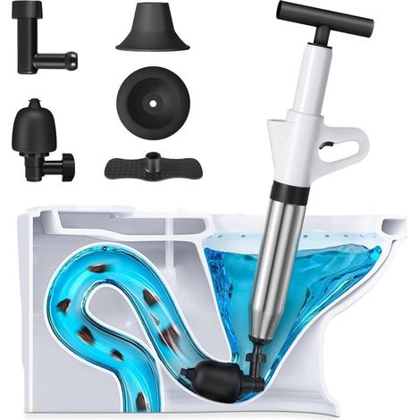 Air Powered Toilet Plunger, Drain Plungers with Barometer, Toilet Plunger with 3 Plunger Heads and Inflator, Unblocking for Toilet, Sink, Bathtub with Hanging Bracket (1/5)