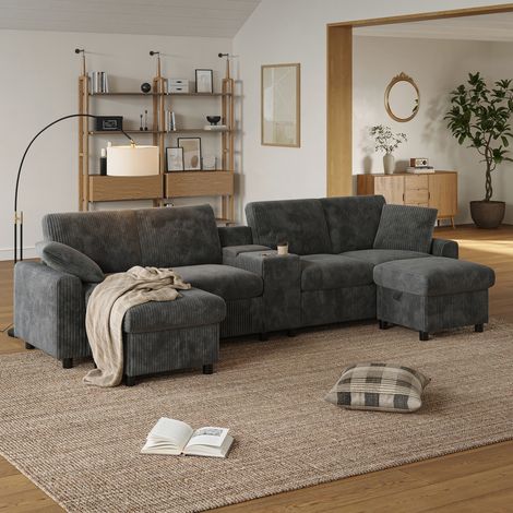 Canapé d’angle 315 x 135 x 81 cm, 2 poufs rangement table basse USB prises Type-C, salon, velours côtelé stable grande capacité, Gris (1/5)