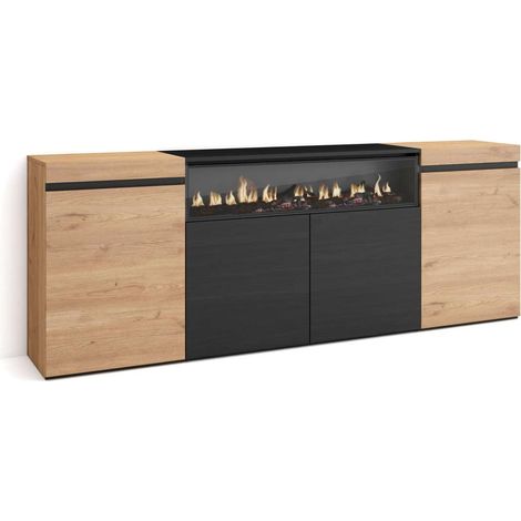 Aparador Benamocarra-01 de 200x75x35 cm con 4 puertas, chimenea y luces LED, color roble y negro (1/4)